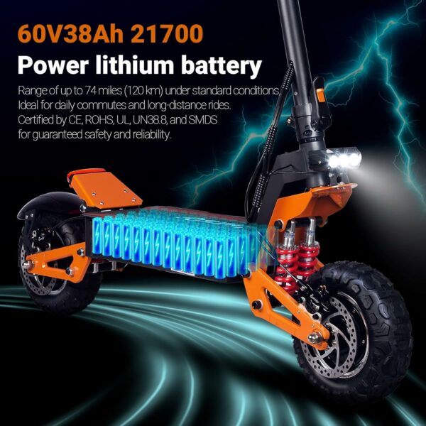 Adult Electric Scooter, 60V 6000W Front and Rear Dual Power, 11” Off-Road Tires for Street Commuting and Extreme Terrain Off-Road, Dual Brake System, Color LED Lights - For Sale - Price - Image 3