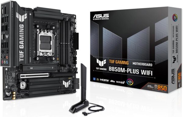 ASUS TUF Gaming B850M-PLUS WiFi AMD AM5 B850 mATX Motherboard, 14+2+1 80A DrMOS Stages, DDR5, PCIe 5.0, 3X M.2, Wi-Fi 6E, 2.5Gb LAN, DP, HDMI™, USB 10Gbps & 20Gbps Type-C®, BIOS Flashback™, Aura Sync - For Sale - Price