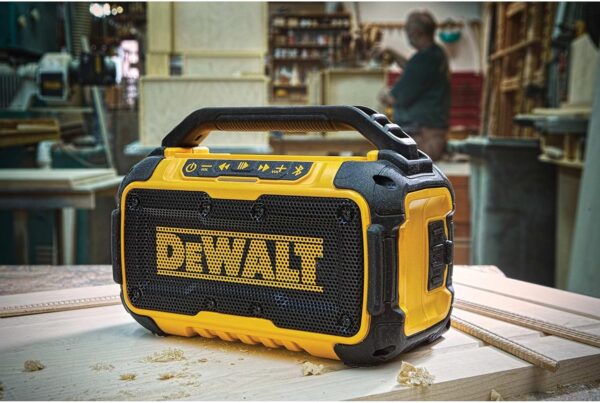 DEWALT 20V MAX Bluetooth Speaker, 100 ft Range, Durable for Jobsites, Phone Holder Included, Lasts 8-10 Hours with Single Charge (DCR010) - For Sale - Price - Image 9