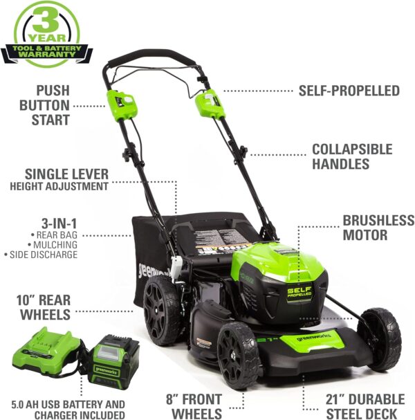 Greenworks 40V 21" Brushless Cordless (Self-Propelled) Lawn Mower (75+ Compatible Tools), 5.0Ah Battery and Charger Included - For Sale - Price - Image 2