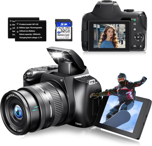 Cameras for Photography, 12X Optical Zoom 4K Digital Camera with WiFi & App Control, 72MP Vlogging Camera with 180° Flip Screen, Auto Focus, Dual Batteries, 59mm Wide Angle & Macro Lens, 32GB SD Card - For Sale - Price