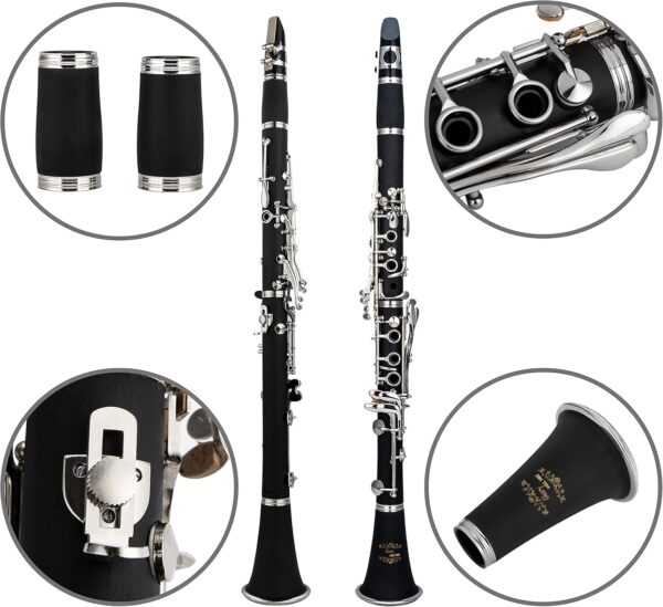 Glory GLY-PBK Professional Ebonite Bb Clarinet with 10 Reeds, Stand, Hard Case, Cleaning Cloth, Cork Grease, Mouthpiece Brush and Pad Brush, Black - For Sale - Price - Image 4