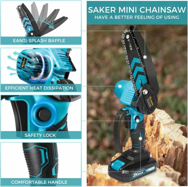 Saker Mini Chainsaw,6 Inch Portable Electric Chainsaw Cordless, Small Handheld Chain saw for Tree Branches,Courtyard, Household and Garden,By 2PCS 20V 1500mAh Batteries,Extra 3 PCS Chain - For Sale - Price - Image 2