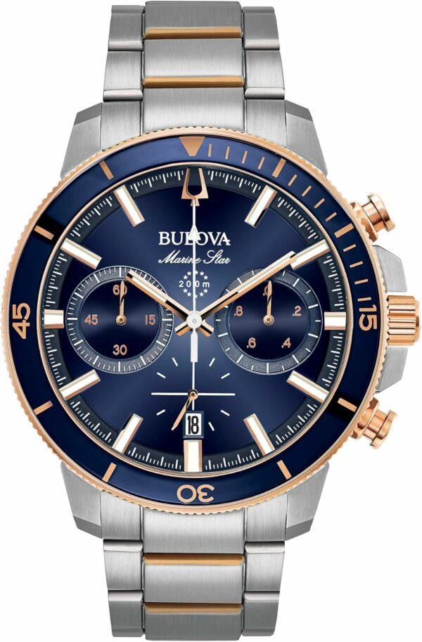 Bulova Men's Marine Star Series C Two-Tone Rose Gold Stainless Steel 6-Hand Chronograph Quartz Watch, Blue Dial Style: 98B301 - For Sale - Price