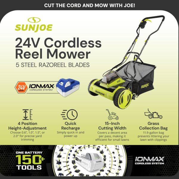 Sun Joe 24V-CRLM15 15-Inch 24-Volt iON+ Cordless Push Reel Mower w/11.9-Gallon Collection Bag, Kit (w/ 4.0-Ah Battery + Charger) - For Sale - Price - Image 3