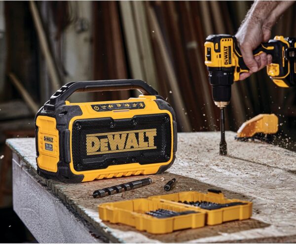 DEWALT 20V MAX Bluetooth Speaker, 100 ft Range, Durable for Jobsites, Phone Holder Included, Lasts 8-10 Hours with Single Charge (DCR010) - For Sale - Price - Image 10