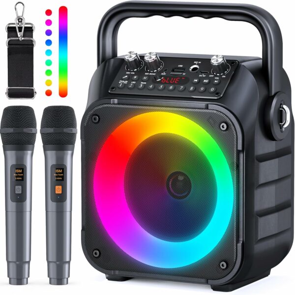 Karaoke Machine, Portable Bluetooth Speaker with 2 Wireless Microphones for Adults & Kids with Lights, Karaoke Microphone with PA System Supports USB/TF/REC/FM/AUX for Home Party - For Sale - Price