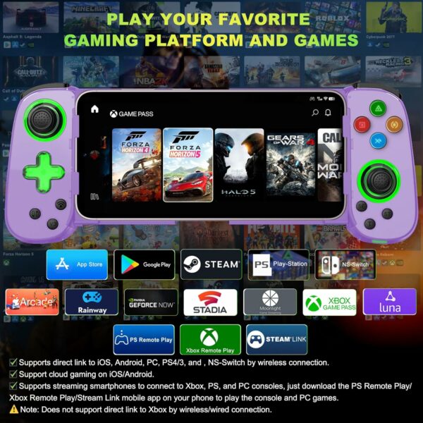 Phone Game Controller for iPhone/Android/PC/Switch, Play COD, Genshin,Support Streaming on PS5/Xbox/PC Console, Cloud Gaming Wireless Gamepad Joystick, Turbo/6-Axis Gyro/Dual Motor, Green Light,Purple - For Sale - Price - Image 3