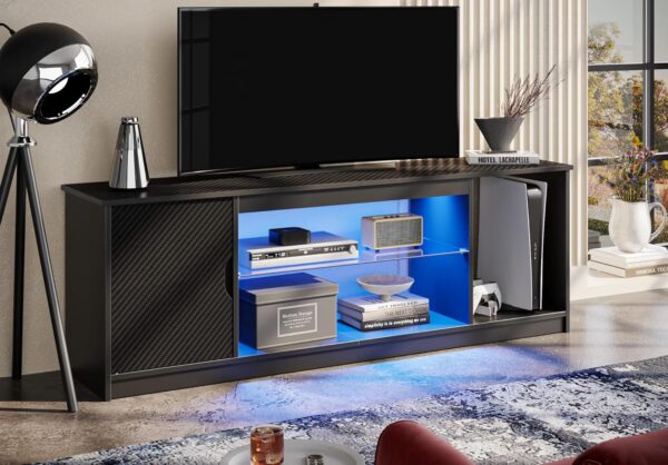 Bestier Led Entertainment Center for PS5, Gaming TV Stand with Cabinet for 60/65 Inch TV, Modern TV Console with Adjustable Glass Shelf for Living Room Easy Assembly Carbon Fiber Black - For Sale - Price - Image 3