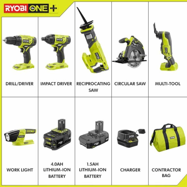 RYOBI P1819 18V One+ Lithium Ion Combo Kit (6 Tools: Drill/Driver, Impact Driver, Reciprocating Saw, Circular Saw, Multi-Tool, LED Worklight, 4.0 Ah & 1.5 Ah Battery, Charger, Bag) - For Sale - Price - Image 2