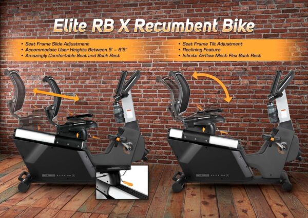 3G Cardio Elite RB X Recumbent Exercise Bike - FreeSync FTMS Bluetooth Smart App Connectivity - Compact 49" (L) - Oversized Soft 4-Way Adj. Seat - 350 lb Cap. - Low Step-Thru Design - Commercial Grade - For Sale - Price - Image 9