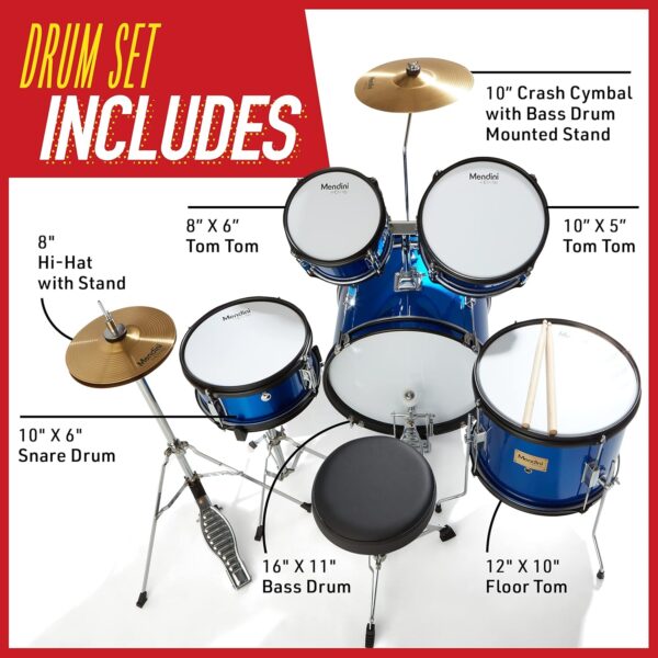 Mendini by Cecilio Kids Drum Set 5 Piece - Full 16in Youth Drumset with Bass, Toms, Snare Drum, Cymbal, Hi-Hat, Drumsticks & Seat for 5 to 12 Year Old and Beginner Adult Set - Blue - For Sale - Price - Image 4