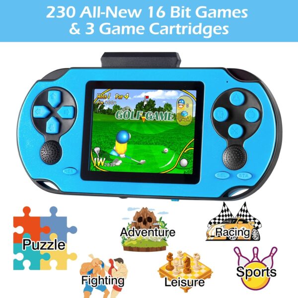 16 Bit Handheld Game for Kids Adults, 3.0'' Large Screen Preloaded 230 HD Classic Retro Video Games with USB Rechargeable Battery & 3 Game Cartridges for Birthday Gift for Kids 4-12 (Blue) - For Sale - Price - Image 2