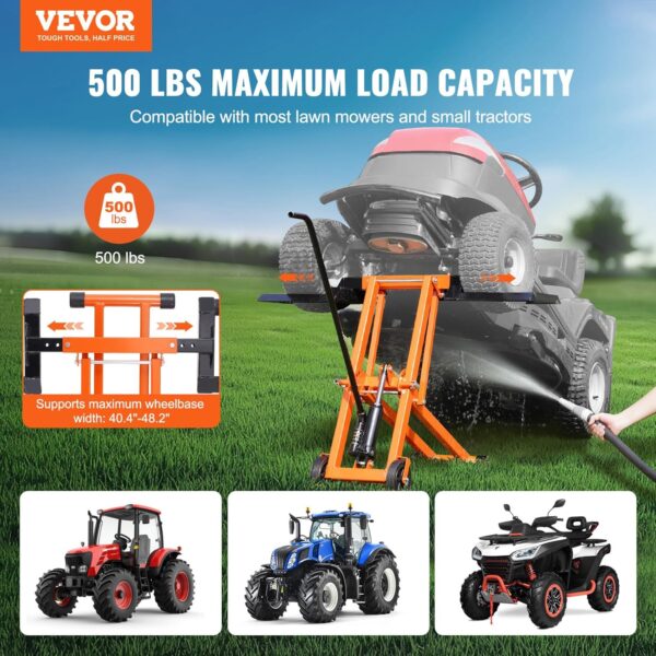 VEVOR Lawn Mower Lift with Hydraulic Jack, 500 Lbs Weight Capacity, Solid Carbon Steel Lawn Mower Lift, Adjustable Movable Lawn Lifter for Riding Tractors and Zero Turn Lawn Mowers, Orange - For Sale - Price - Image 2