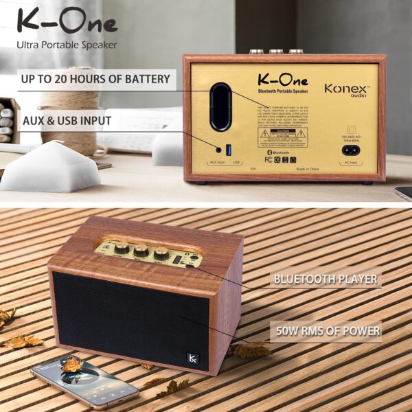 Retro Wooden Bluetooth Speaker, KONEX 40W Vintage Portable Wireless Speaker, Bluetooth 4.2 Heavy Bass Music Player, 20H Long Playtime, Outdoor Speaker for Home, Office, Party, Gift for Friend - For Sale - Price - Image 7