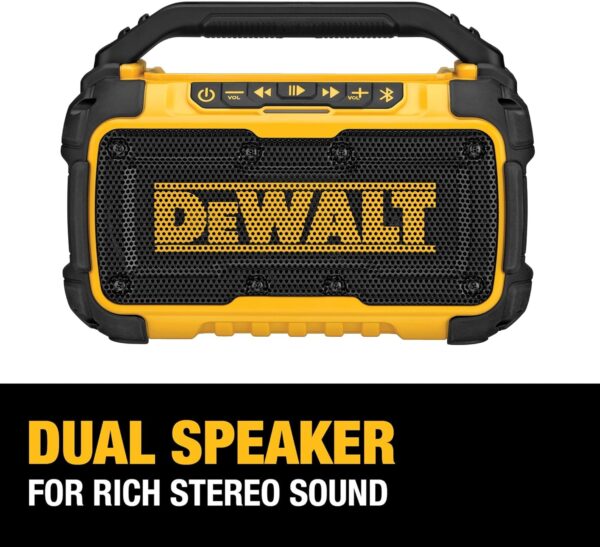 DEWALT 20V MAX Bluetooth Speaker, 100 ft Range, Durable for Jobsites, Phone Holder Included, Lasts 8-10 Hours with Single Charge (DCR010) - For Sale - Price - Image 4