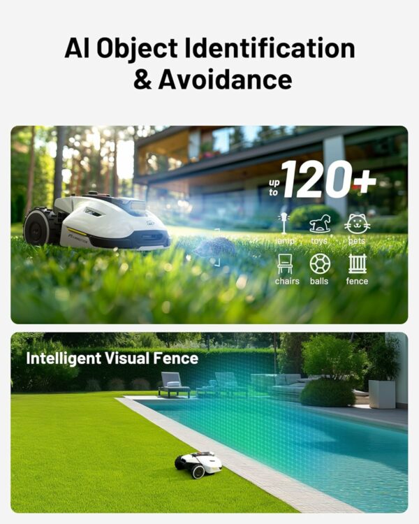 YUKA 1000 Robot Lawn Mower for 0.25 Acre, Ultrasense AI Vision & RTK Antenna, Auto Mapping & App Control, 45% Slope Capability, Wireless Perimeter, Dual Cutting Discs, Up to 10 Mowing Zones - For Sale - Price - Image 3