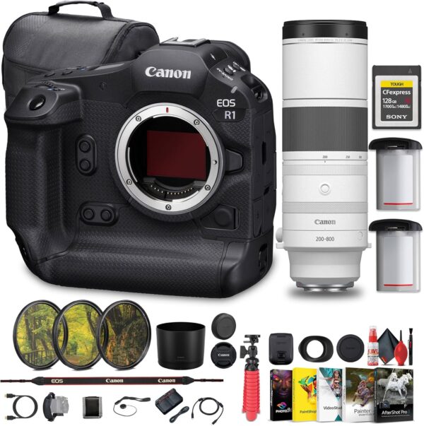 Canon EOS R1 Mirrorless Camera - 24MP, Full-Frame Stacked BSI CMOS Sensor (6577C002) RF 200-800mm Lens + 128GB CFexpress Card + Bag + Photo Editing Software + LPE-19 Battery (Renewed) - For Sale - Price