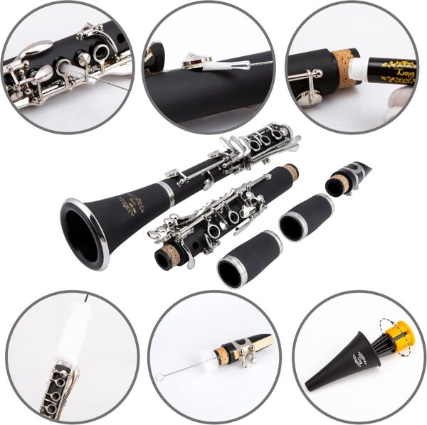 Glory GLY-PBK Professional Ebonite Bb Clarinet with 10 Reeds, Stand, Hard Case, Cleaning Cloth, Cork Grease, Mouthpiece Brush and Pad Brush, Black - For Sale - Price - Image 3