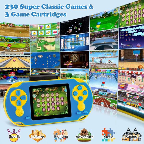 16 Bit Handheld Game for Kids, Video Game Player with Built in 230 HD Games, 3.0'' Screen Retro Electronic Game Machine with 3 Game Cartridges, Portable Rechargeable Games for Ages 3-12 (Blue) - For Sale - Price - Image 2