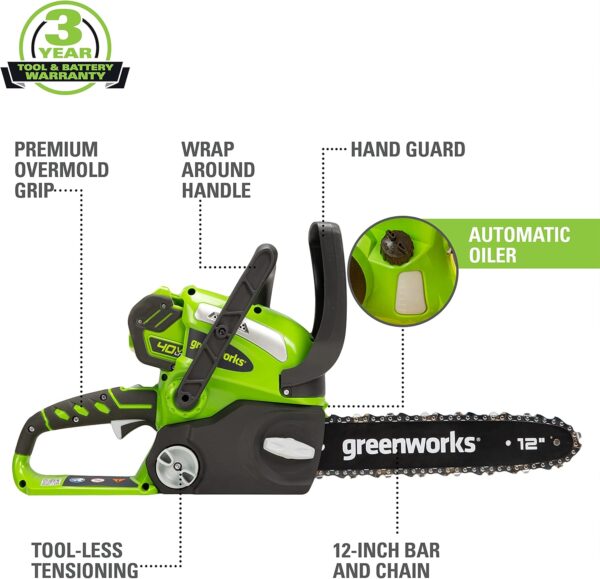 Greenworks 40V 12" Cordless Compact Chainsaw (Great For Storm Clean-Up, Pruning, and Camping), 2.0Ah Battery and Charger Included - For Sale - Price - Image 2