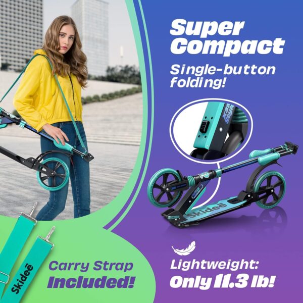 Skidee Scooter for Adults and Teens – Adjustable Height, Kids Scooter, Folding Scooter, Large Sturdy Wheels for Smooth Ride, Lightweight, Durable, Anti-Shock Suspension, Outdoor Toys, up to 220 lbs - For Sale - Price - Image 5