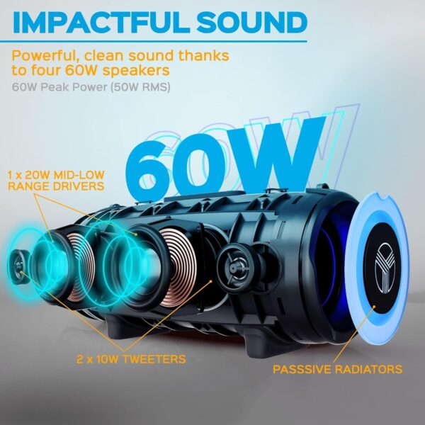 Ultra Loud 60W Sound With Deep Bass, 20H Playtime, Powerbank Function, IPX6 Waterproof, Dual Pairing, Stereo Portable Speaker w/Type-C & Carrying Strap, Wireless Outdoor Loudest Speaker, HD-Max - For Sale - Price - Image 3