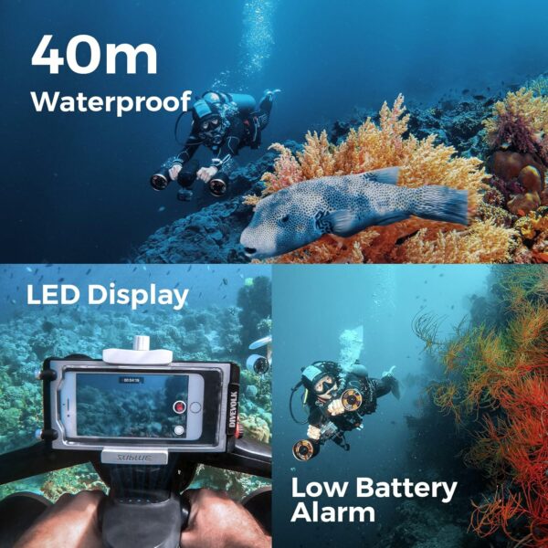 Mix Pro Underwater Scooter with Smartphone/Action Camera Mount Low Battery Alarm 2 Gear Speed 60 Minutes 40M Dual Motors Swimming Pool Diving Snorkeling Water Scooter for Kids Adults (White) - For Sale - Price - Image 7