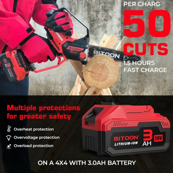 BITOON 8-Inch Mini Chainsaw with 2PCS 3.0Ah Battery and Charger, Auto-Oiler, Brushless Cordless 8-Inch and 6-Inch 2-in-1 Pruning Chain Saw, Portable Electric Chainsaw for Cutting Wood, Branches Red - For Sale - Price - Image 6