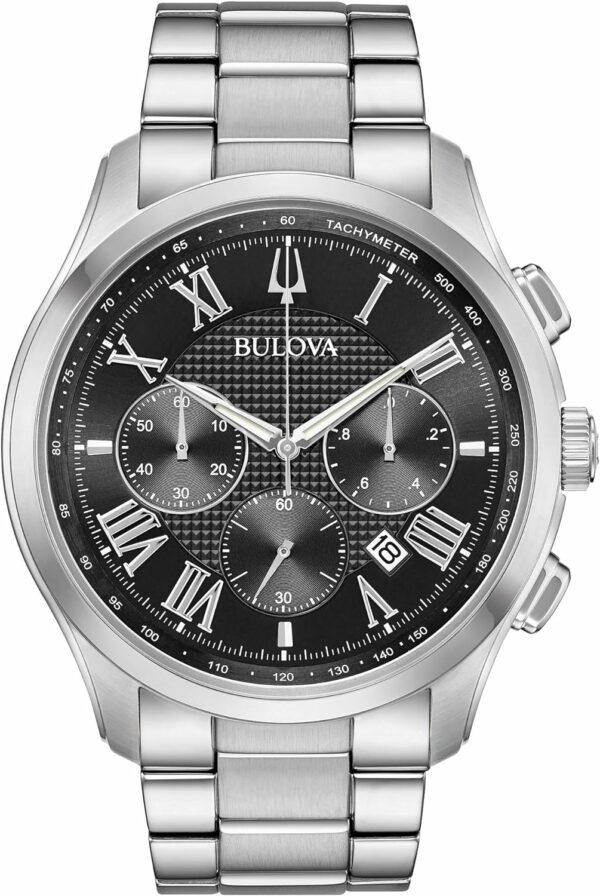 Bulova Men's Classic Wilton 3-Hand 21-Jewel Watch, 60 Hour Power Reserve, Luminous Hands, Open Aperture, Roman Numeral Markers Domed Sapphire Crystal, 43mm, Stainless Steel/Black Dial - For Sale - Price