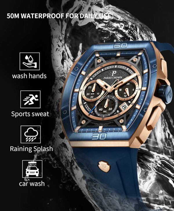 Paras Crown Watches for Men Tonneau 5ATM Waterproof Quartz Luxury Chronograph Analog Men's Wrist Watches Stainless Steel Case Mens Watches - For Sale - Price - Image 8