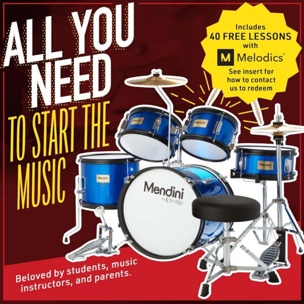 Mendini by Cecilio Kids Drum Set 5 Piece - Full 16in Youth Drumset with Bass, Toms, Snare Drum, Cymbal, Hi-Hat, Drumsticks & Seat for 5 to 12 Year Old and Beginner Adult Set - Blue - For Sale - Price - Image 2