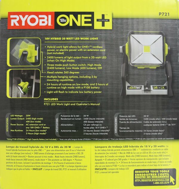 Ryobi P721 One+ 1,800 Lumen 18V Hybrid AC and Lithium Ion Powered Flat Standing LED Work Light with Onboard Mounting Options (Battery and Extension Cord Not Included, Light Only) - For Sale - Price - Image 8