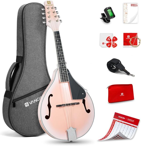 Vangoa Mandolin instrument A Style Mandolin Musical Instrument for Beginners Kids Adults, 8 String Acoustic Mandolin Mahogany Starter Kits, Pink - For Sale - Price