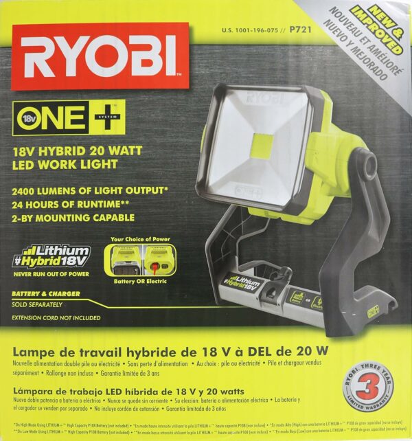 Ryobi P721 One+ 1,800 Lumen 18V Hybrid AC and Lithium Ion Powered Flat Standing LED Work Light with Onboard Mounting Options (Battery and Extension Cord Not Included, Light Only) - For Sale - Price - Image 7