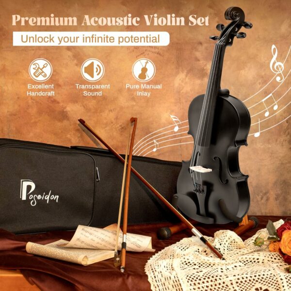 Poseidon Violin for Beginners Kids Adult Beginner Fiddle Kit, Violin 4/4 Student Stringed Musical Instrument w/Case, Two 4/4 Strings, Two Bows, Two Bridges, Two Rosins, Tuner, Manual - Black Polished - For Sale - Price - Image 6