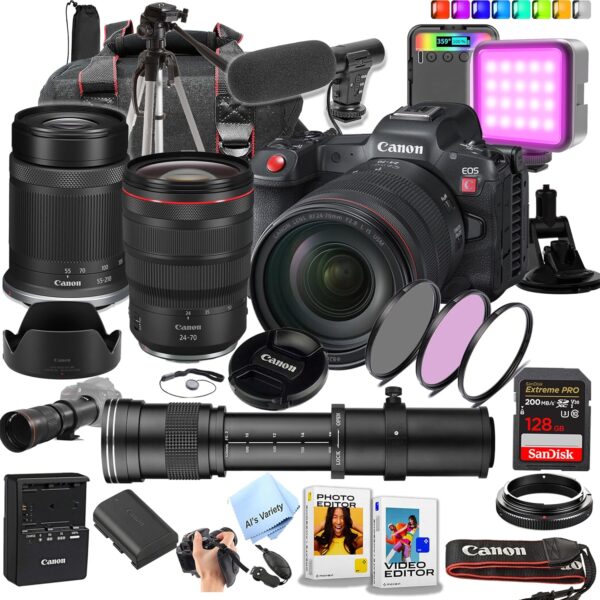 Canon EOS R5 C Full-Frame Mirrorless Camera with 24-70mm L is USM & 55-210mm Lenses + 420-800mm Lens + 128GB Extreme Card + Case + Mic + RGB Light + Tripod + More (Content Creator Bundle) (Renewed) - For Sale - Price