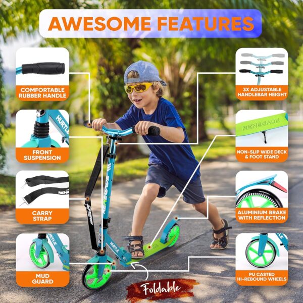 Hurtle Renegade Kick Scooters for Kids Teenagers Adults- 2 Wheel Kids Scooter with Adjustable T-Bar Handlebar - Alloy Anti-Slip Deck - Portable Folding Scooters for Kids with Carrying Strap - For Sale - Price - Image 2