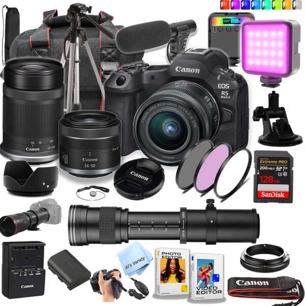 Canon EOS R5 Mark II 45 MP Full-Frame Mirrorless Camera with 24-50mm & 55-210mm Lenses + 420-800mm Lens + 128GB Extreme Card + Case + Mic + RGB Light + Tripod + More (Content Creator Bundle) (Renewed) - For Sale - Price