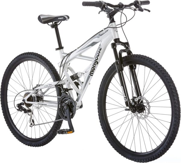 Mongoose Impasse Full Suspension Mountain Bike, Men and Women, 18-Inch Aluminum Frame, 29-Inch Wheels, Front and Rear Disc Brakes, Twist Shifters, 21-Speed Rear Deraileur, Silver - For Sale - Price