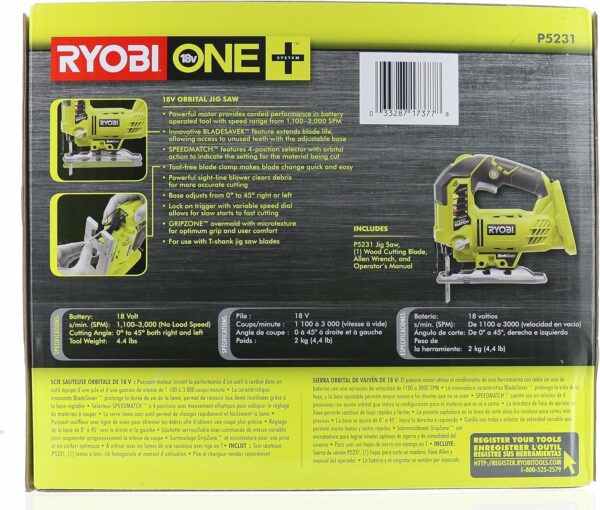 RYOBI One+ P5231 18V Lithium Ion Cordless Orbital T-Shaped 3,000 SPM Jigsaw (Battery Not Included, Power Tool and T-Shaped Wood Cutting Blade Only) - For Sale - Price - Image 9