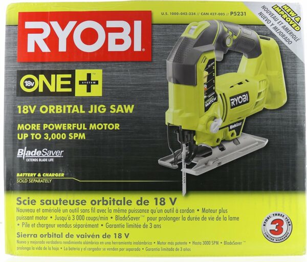 RYOBI One+ P5231 18V Lithium Ion Cordless Orbital T-Shaped 3,000 SPM Jigsaw (Battery Not Included, Power Tool and T-Shaped Wood Cutting Blade Only) - For Sale - Price - Image 8