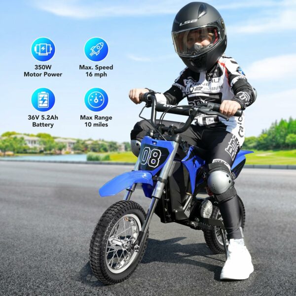 36V 350W Kids Electric Dirt Bike - Fast Speed Electric Motorcycle Up to 16 MPH & 10 Miles Long-Range, 3-Speed Modes, Twist Grip Throttle, Dual Suspension & Brakes for Kids Ages 5-8 - For Sale - Price - Image 2