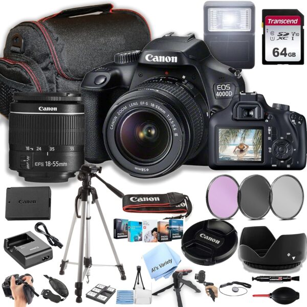 Canon EOS 4000D / Rebel T100 DSLR Camera w/EF-S 18-55mm F/3.5-5.6 Zoom Lens + 64GB Memory, Filters,Case, Tripod, Flash, and More (34pc Bundle) (Renewed) - For Sale - Price