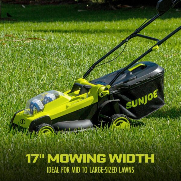 Sun Joe 24V-X2-17LM 48-Volt 17-Inch Mulching Walk-Behind Lawn Mower w/11-Gallon Grass Catcher & 6-Position Height Adjustment, Included, Cordless, Kit (w/ 2x 4.0-Ah Battery and Charger) - For Sale - Price - Image 2