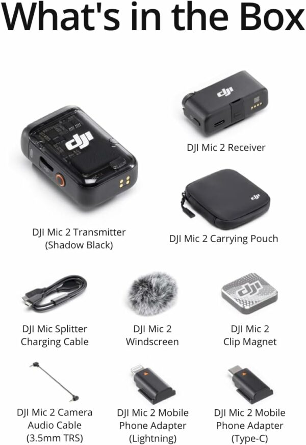 DJI Mic 2 (1 TX + 1 RX), Wireless Microphone with Intelligent Noise Cancelling, 32-bit Float Internal Recording, Optimized Sound, 250m (820 ft.) Range, Microphone for iPhone, Android, Camera, Vlogs - For Sale - Price - Image 8