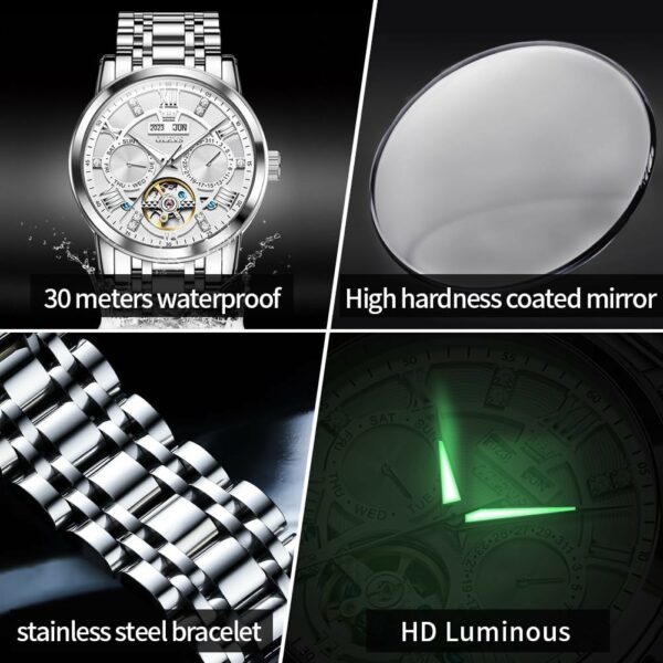 OLEVS Automatic Watches for Men Self Winding Mechanical Skeleton Luxury Dress Stainless Steel Diamond Men Wrist Watches - For Sale - Price - Image 5