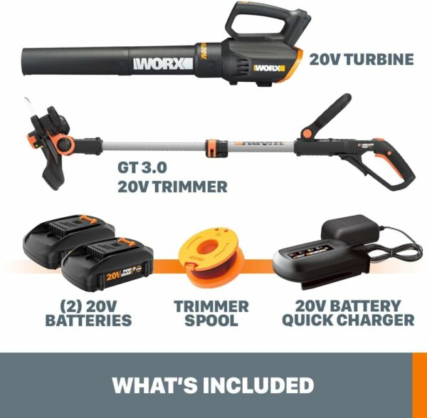 Worx 20V String Trimmer Cordless & Edger 3.0 + Leaf Blower Cordless with Battery and Charger Turbine, Black and Orange - Image 6