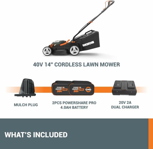 WORX 40V 14" Cordless Lawn Mower for Small Yards, 2-in-1 Electric Mower Cuts Quietly, Compact & Lightweight Push Lawn Mower with 6-Position Height Adjustment WG779 – 2 Batteries & Charger Included - For Sale - Price - Image 7