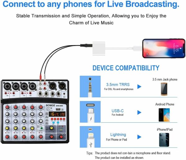 BOMGE 6 Channel Audio Sound Mixer - Professional Digital DJ Mixing Console for Live Streaming, Karaoke and Stereo Recording - With PC Computer Record Playback/Bluetooth/MP3/USB/48V /16 DSP Echo - For Sale - Price - Image 7